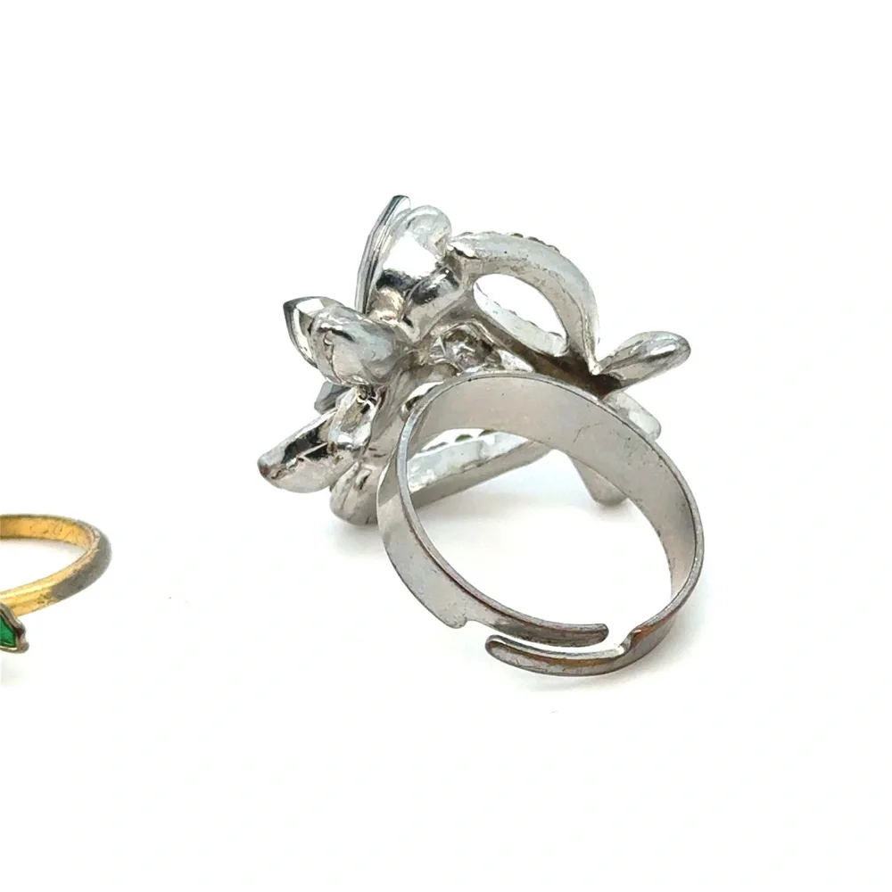 Silver‎ Crystal Floral Cocktail Ring and Gold Green Butterfly Stack Ring